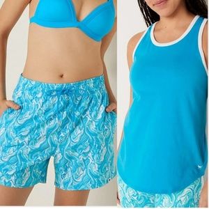 VICTORIA'S SECRET PINK SHORTS SWIM BOARD RACERBACK TANK TOP SET OUTFIT BLUE NEW